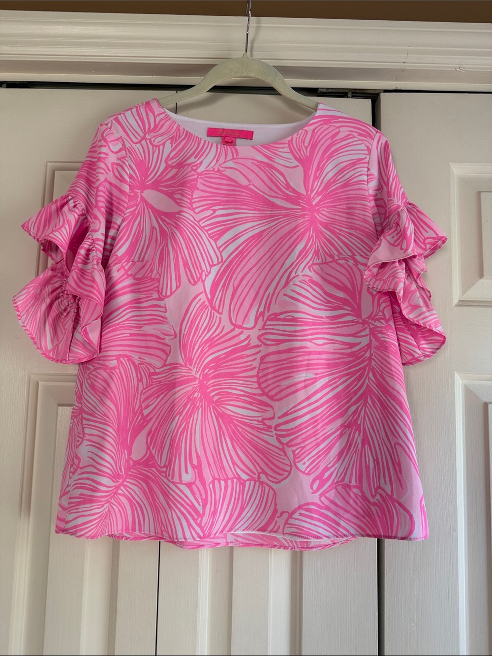 Lilly Pulitzer Hot Pink Floral Ruffle-Sleeve Blouse